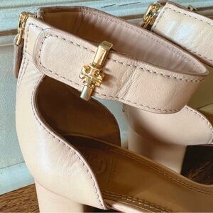 Tory Burch Sandal Heels. Nude with Gold TB Logo&Hardware Excellent Condition!!